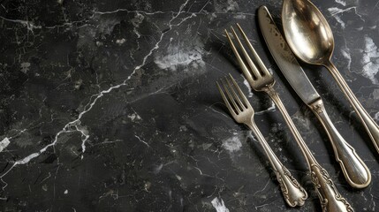 Vintage silver cutlery on black marble concrete from a top perspective