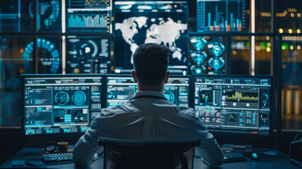 Man using a smart robot AI for coding and data analysis, with multiple digital interfaces displaying .