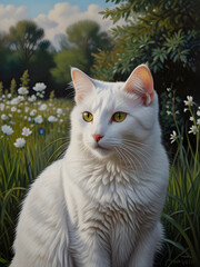 Obraz premium White Cat Natural Garden Landscape Watercolor Illustration Art