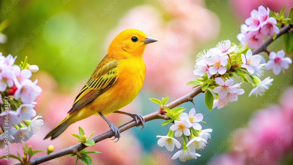 Sticker Yellow bird perched gracefully on a blossoming branch in the vibrant spring season, yellow bird, perched, blossoming branch