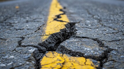 Fototapeta premium Detailed view of a road crack with a yellow dividing line, highlighting damaged asphalt and infrastructure issues.