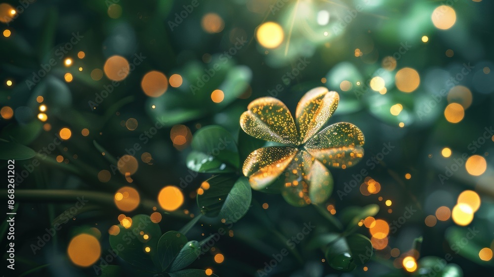 Poster a magical four-leaf clover with golden bokeh and dew droplets, symbolizing luck and enchantment in a
