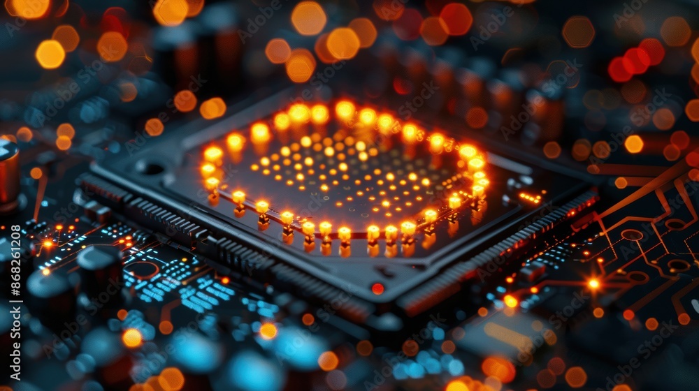 Poster a close-up of a glowing microchip on a circuit board, with a bokeh effect highlighting the technolog