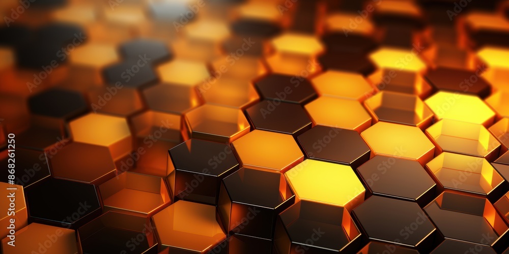 Poster a close-up of a hexagonal metallic grid with golden reflections, showcasing a sleek and modern geome