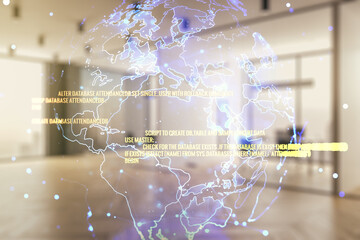 Abstract virtual coding illustration and world map on a modern furnished classroom background, international software development concept. Multiexposure