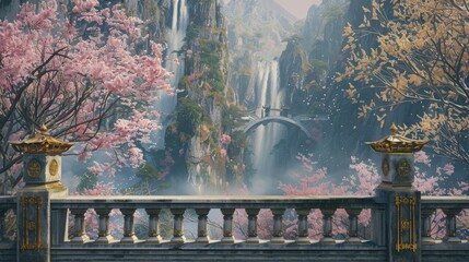 A concrete wall adorned with intricate volumetric stucco molding, embellished with delicate golden elements. Overlooking this elegant display is a serene Japanese landscape