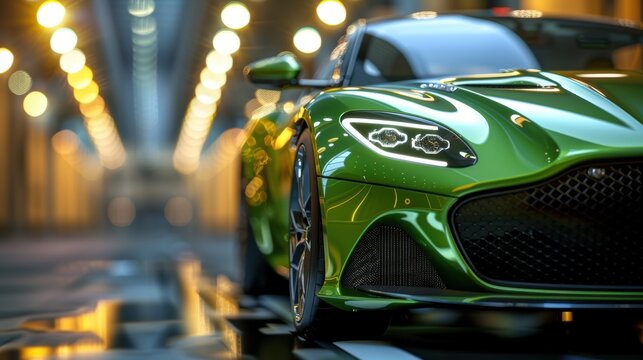 A sleek green luxury sports car is showcased in a well-lit, modern garage with an elegant design.