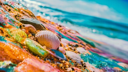 Vibrant abstract summer beach scene. A mix of colors and textures created by sand, pebbles, and shells, with the sun's rays reflecting bright hues. The background captures the vast, endless ocean.