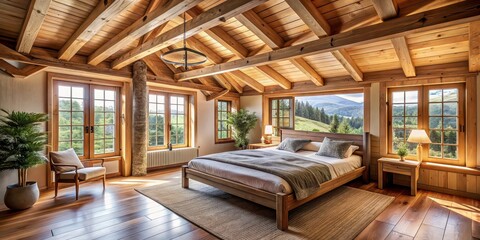 Naklejka premium Cozy bedroom with wooden beams and windows on ceiling in wooden house, cozy, bedroom, interior, wooden, house