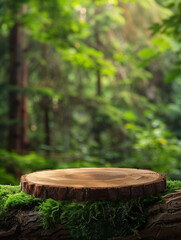 Fototapeta premium Wooden podium for product presentation on a forest background with green moss. mock-up template of a wood table surface