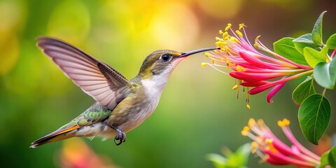 Naklejka premium Beautiful hummingbird sipping nectar from a honeysuckle flower, hummingbird, nectar, honeysuckle, flower