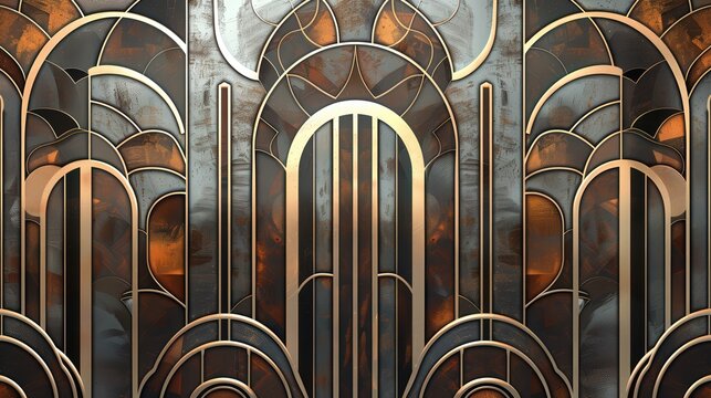 Naklejki Vector abstract art deco luxury pattern, silver and bronze vintage artistic background with geometric shapes, archs and swirls. Linear retro ornament