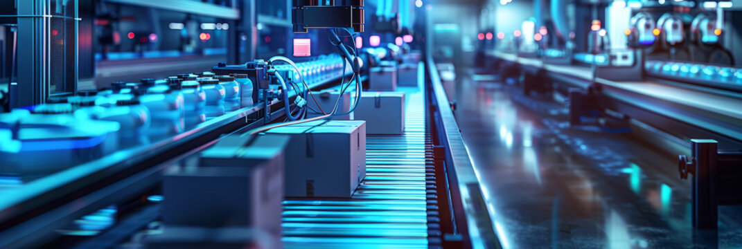 A packaging line with high-tech machines rapidly boxing and labeling consumer products, lit by harsh industrial lighting
