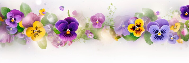 Flowers and leaves gradients delicate floral background with pansies. Generative Ai