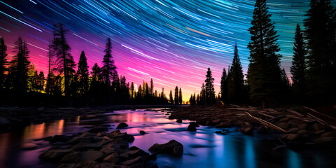 Obraz premium astrophotography with long exposure to capture star trails over a captivating landscape . Generative AI