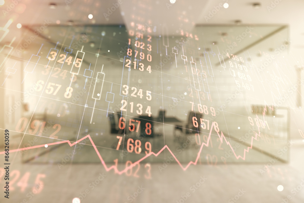 Poster multi exposure of abstract statistics data hologram interface on a modern furnished office interior 