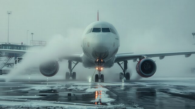 A plane receives de-icing treatment on a cold day with anti-icing fluid spray creating a mist cloud around the aircraft 