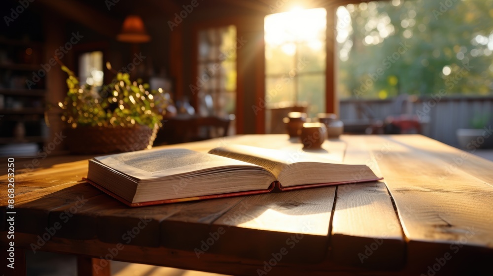 Poster an open book rests on a rustic wooden table in a sunlit room, creating a warm, inviting scene for re