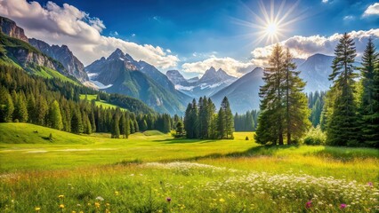 A picturesque alpine meadow on a bright summer day, Alpine, meadow, grass, flowers, vibrant, summer, nature, landscape