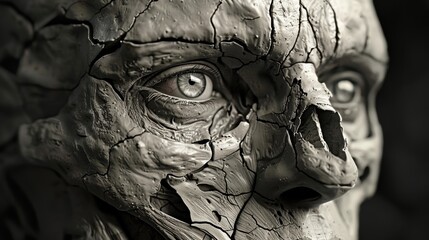 Obraz premium Close-up of a cracked stone face sculpture in monochrome, emphasizing texture and detail in an eerie, artistic presentation.