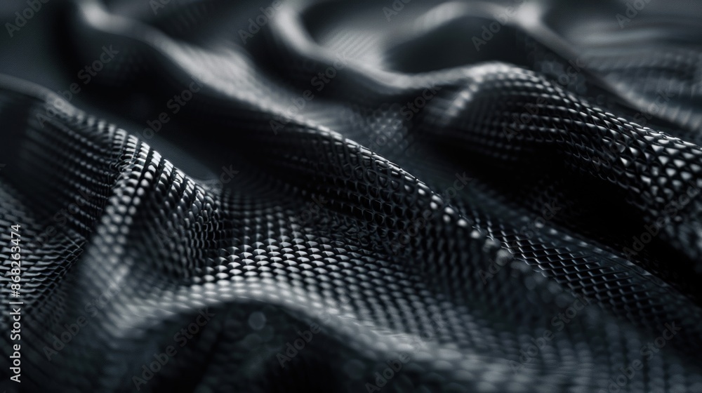 Poster close-up of textured black fabric with intricate patterns, showcasing detailed woven design and smoo