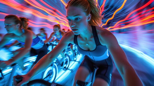 Woman intensely cycling in a dynamic spin class, surrounded by vibrant lights and motion blur, showcasing fitness and determination.