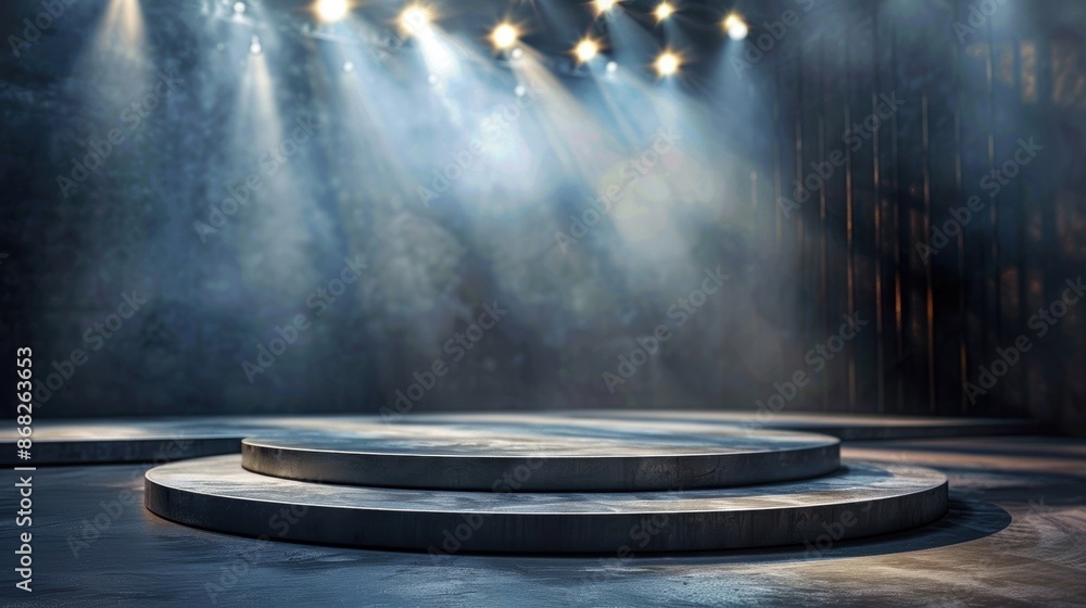 Aufkleber an empty stage with circular platforms and dramatic lighting from spotlights, creating a theatrical 