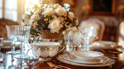 Naklejka premium An elegantly set dinner table with fine china, crystal glassware, and a floral centerpiece, bathed in warm, soft lighting.