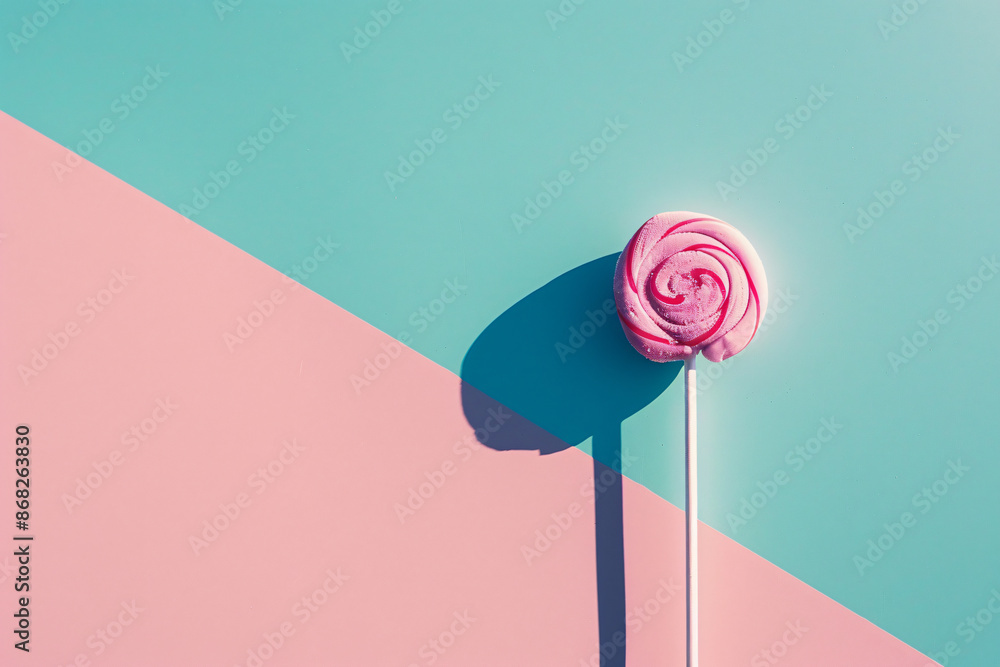 Poster a minimalist composition featuring lollipops arranged in a row on a pastel background, with soft sha