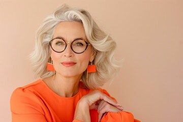 sophisticated older woman with blonde hair and glasses, wearing a stylish orange top and large geometric earrings, looking to the side with a thoughtful expression