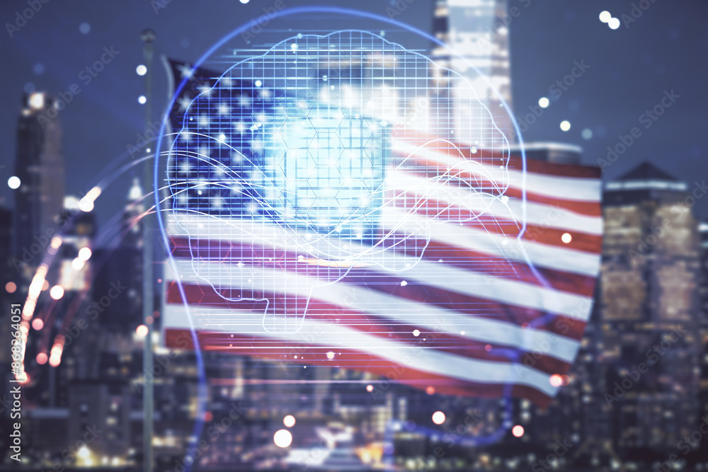 Aufkleber abstract virtual artificial intelligence concept with human head sketch on usa flag and blurry skysc