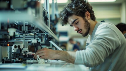 Engineering students working in the lab, a student is adjusting a 3D printer