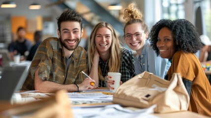 Group of Business person multicultural colleagues smiling and brainstorming at coffee shop