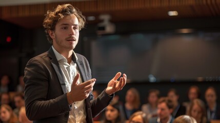 Confident businessman delivering a presentation on meeting room