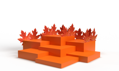 Orange color podium stage stand leaf plant maple abstract autumn season object icon decoration ornament display pedestal product september october mock up empty tree exhibition advertisement sale fall