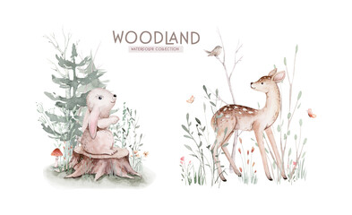 Cute baby fox, deer animal nursery rabbit and bear isolated illustration for children. Watercolor boho forest drawing, , hedgehog image Perfect for nursery posters