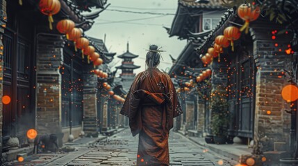 Detailed Representation of a Samurai with Acupuncture Points in a Historic Setting