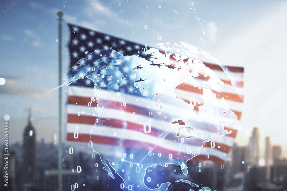 Aufkleber multi exposure of abstract programming language hologram and world map on us flag and city backgroun