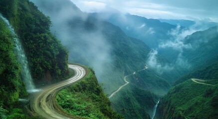 Death Road, Bolivia. A thrilling view of Death Road with its narrow, winding path through the misty mountains