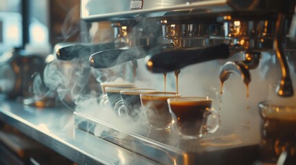 Hot steaming espresso shots are being made in a specialty coffee bar 