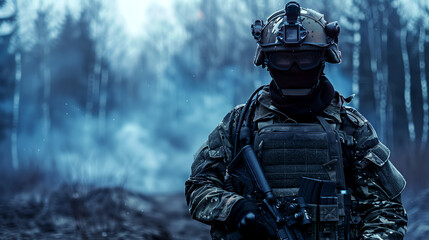 Naklejka premium Portrait of a soldier wearing uniform helmet and holding modern gun smoke forest background war and conflict concept with copyspace 