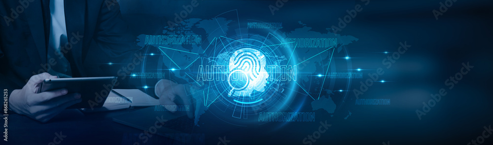 Aufkleber authorization. businessman using laptop and authorizing transactions with projected growth on financ