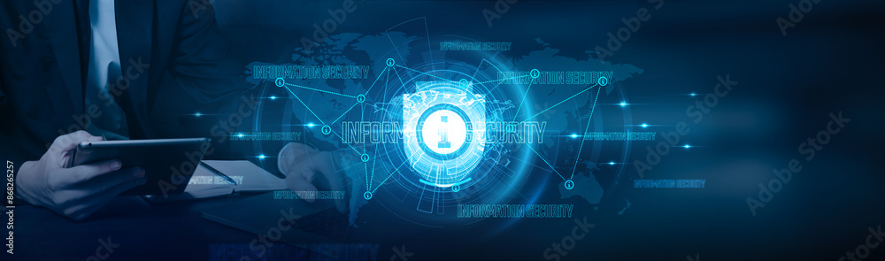 Poster businessman using laptop and ensuring information security with consistent growth on data protection