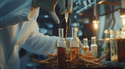 Obraz premium Research scientist is doing experiment with ginseng extract in lab
