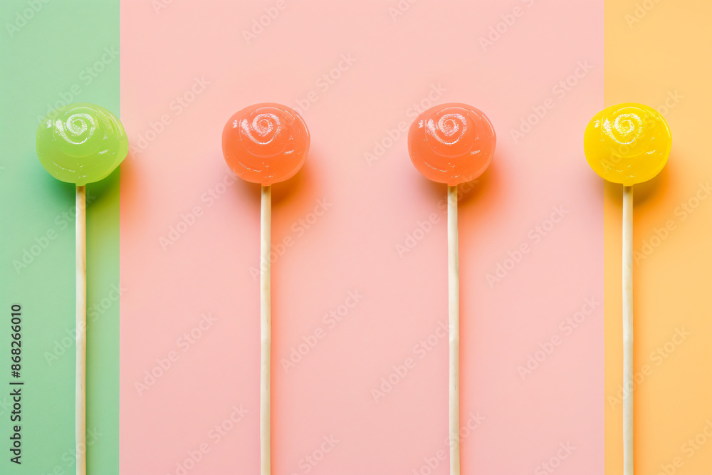 Poster a minimalist composition featuring lollipops arranged in a row on a pastel background, with soft sha