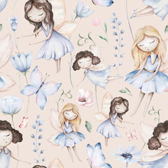 Fairy and Flowers watercolor seamless girls nursery pattern. Cartoon pink magic girl baby background. Faitytale textile art