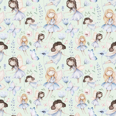 Fairy and Flowers watercolor seamless girls nursery pattern. Cartoon pink magic girl baby background. Faitytale textile art