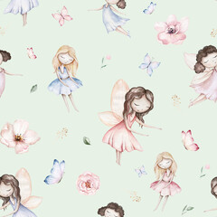 Fairy and Flowers watercolor seamless girls nursery pattern. Cartoon pink magic girl baby background. Faitytale textile art