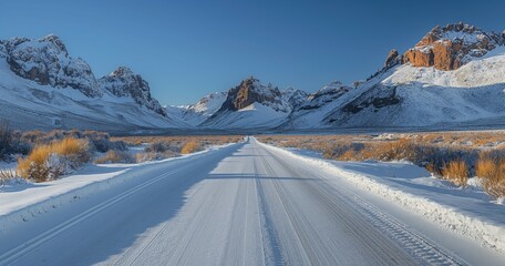 Ruta 3 Argentina. A dramatic view of Ruta 3 in Argentina during winter. The road stretches through vast, snow-covered landscapes with jagged mountains in the distance under a clear, cold sky.