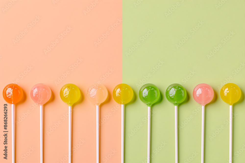 Poster a minimalist composition featuring lollipops arranged in a row on a pastel background, with soft sha